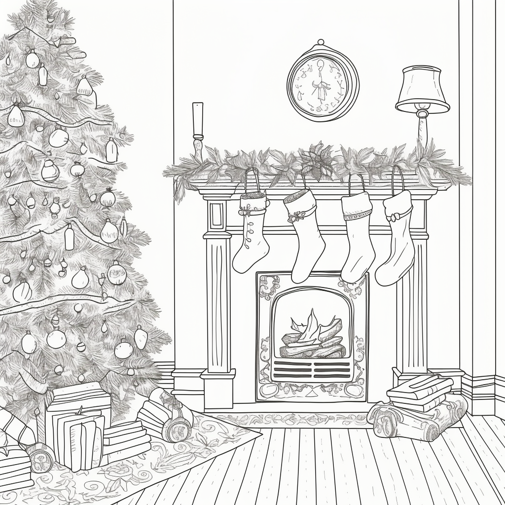 Christmas activities coloring page christmas tree by the fireplace