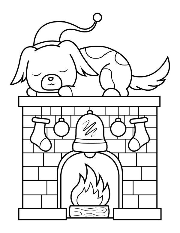 Printable dog and christmas fireplace coloring page