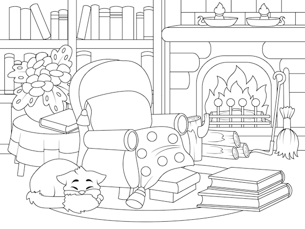 Premium vector home library interior with fireplace and cat cozy room vector page for printable children coloring book