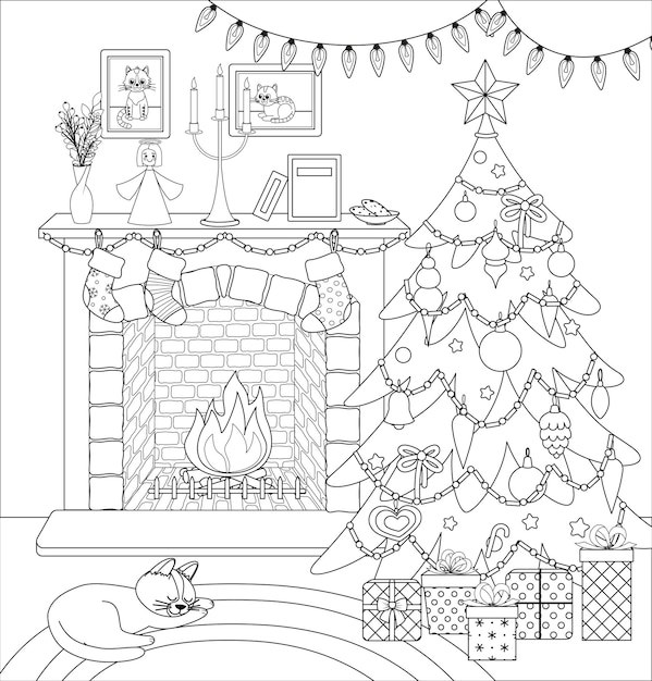 Premium vector christmas interior coloring page black and white cozy fireplace vector