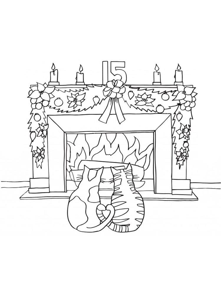 Two cats by the fireplace coloring page