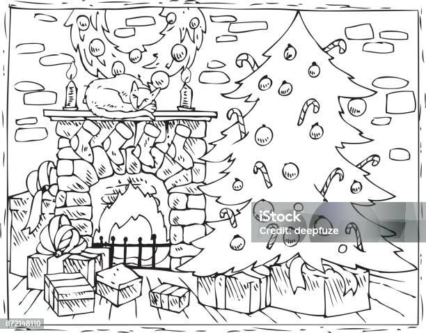 Coloring book christmas tree fireplace and gifts stock illustration