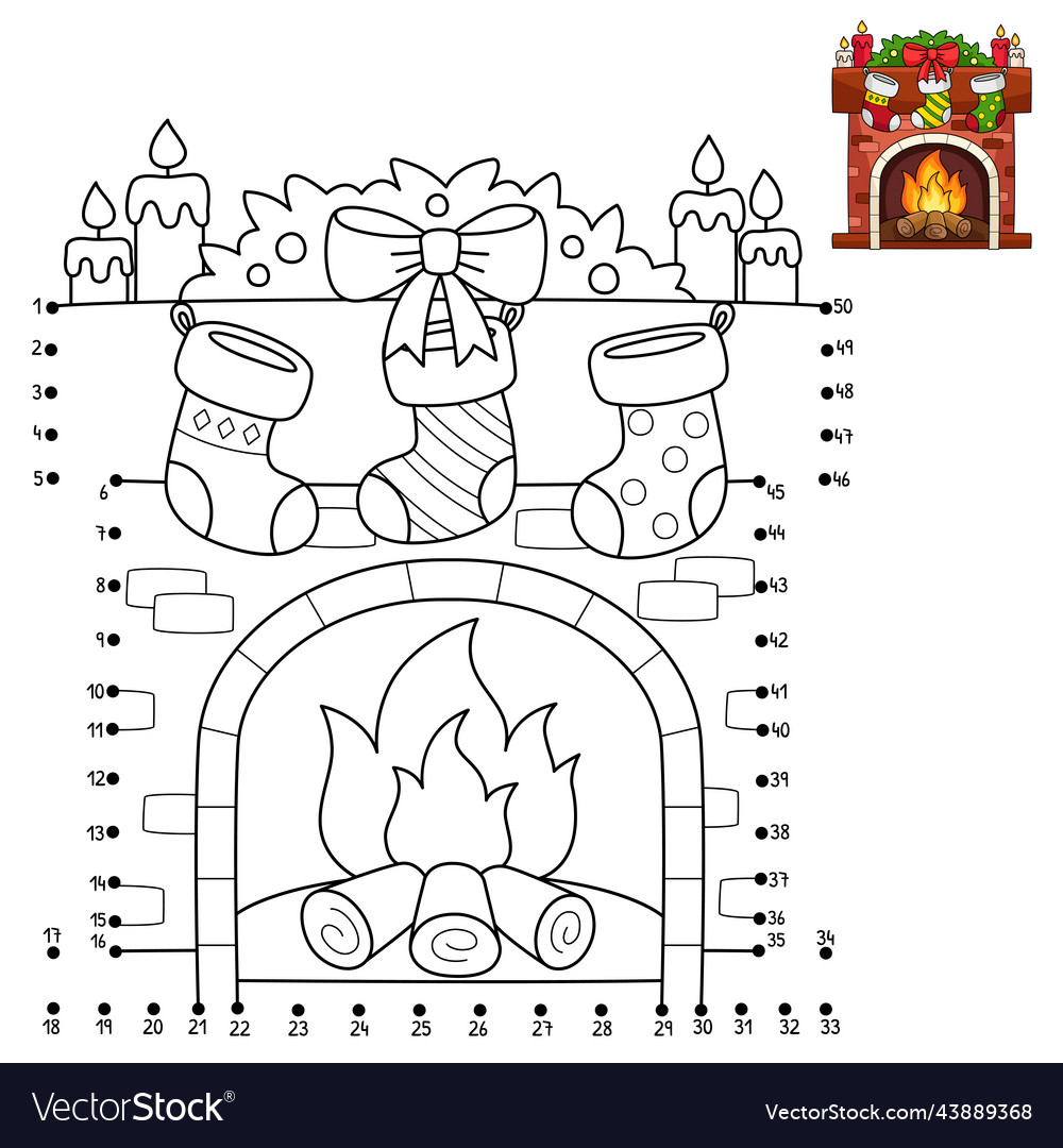 Dot to christmas fireplace coloring page vector image