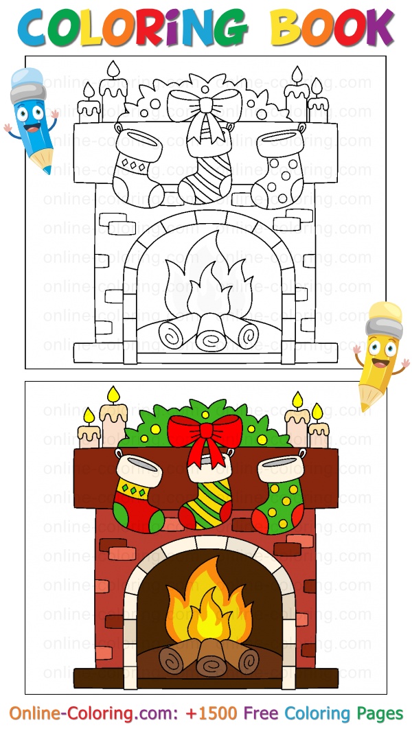 Christmas fireplace free online coloring page