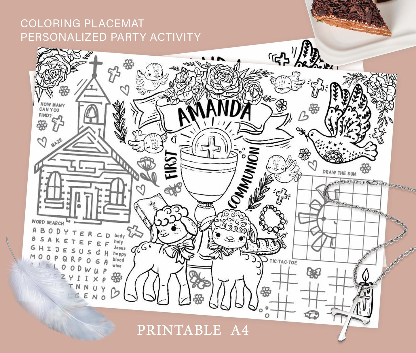 First munion coloring placemat custom name kids activity sheep bird â stickersforlife