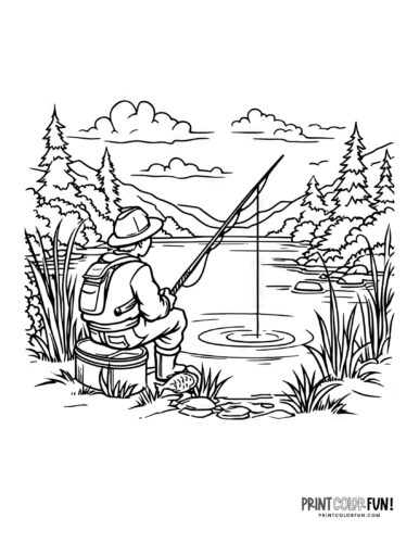 Kids fishing coloring pages at