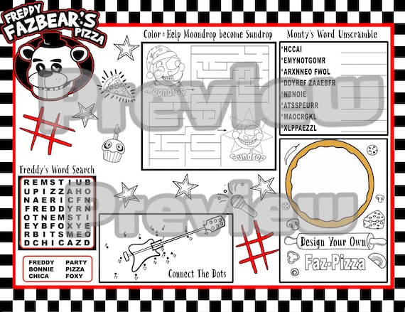 Fnaf pizza party activity sheet placemat freddy fazbear placemat five nights at freddy pizza party fnaf party game security breach