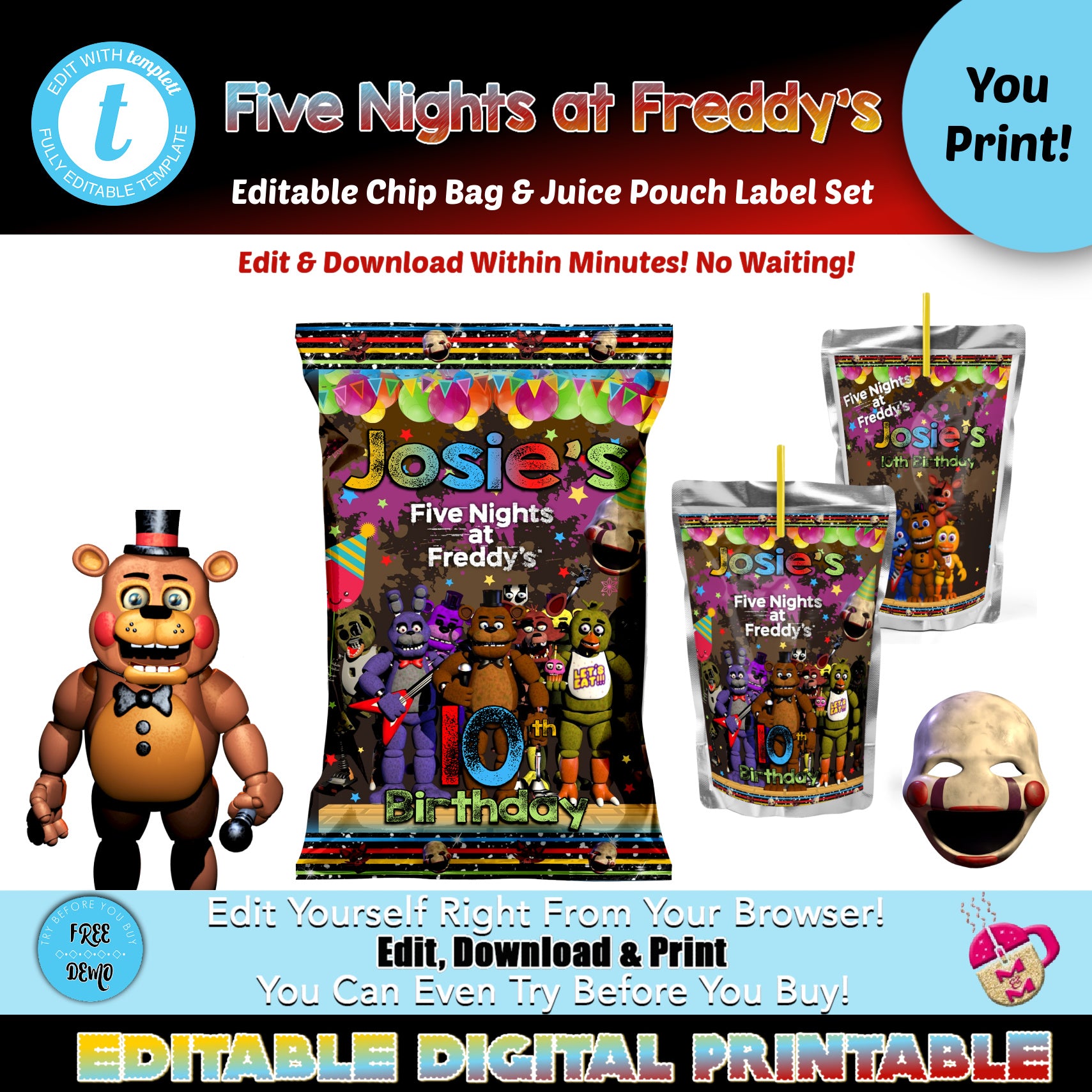 Editable five nights at freddys chip bag juice pouch set five nigh â mugmouse designs