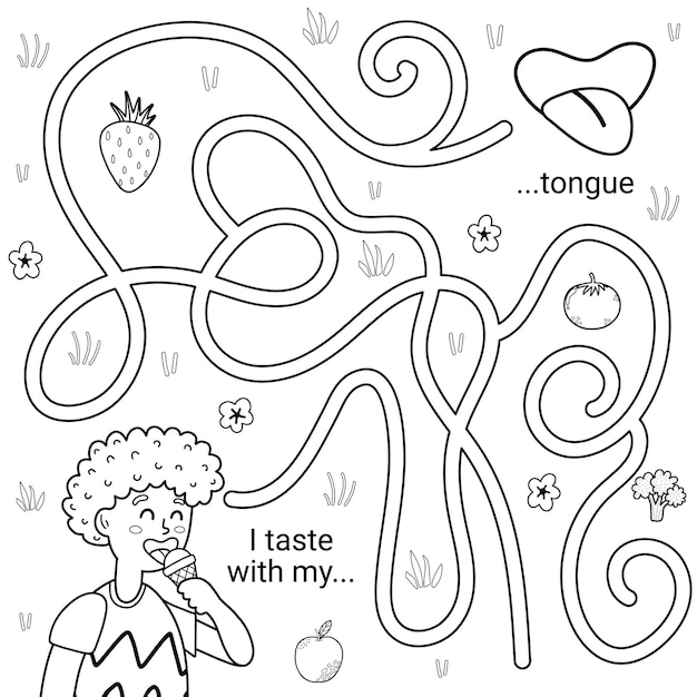 Premium vector i can taste with my tongue black and white maze game for kids five senses labyrinth coloring page printable learning activity worksheet