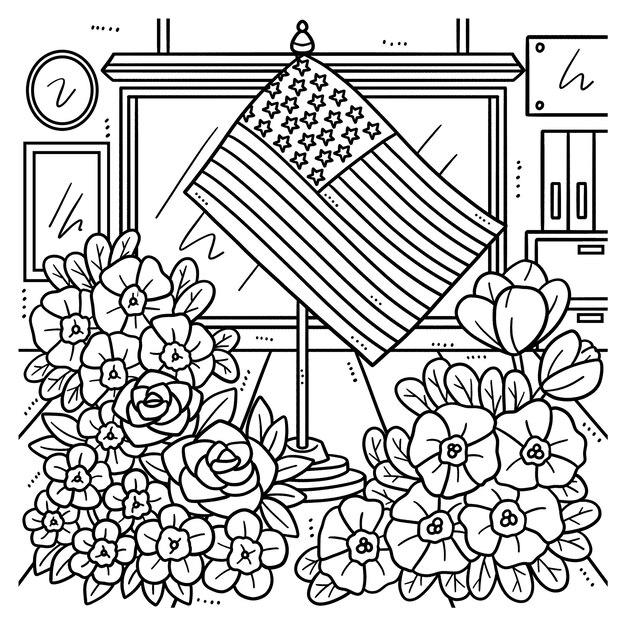 Premium vector memorial day american flag with flowers coloring