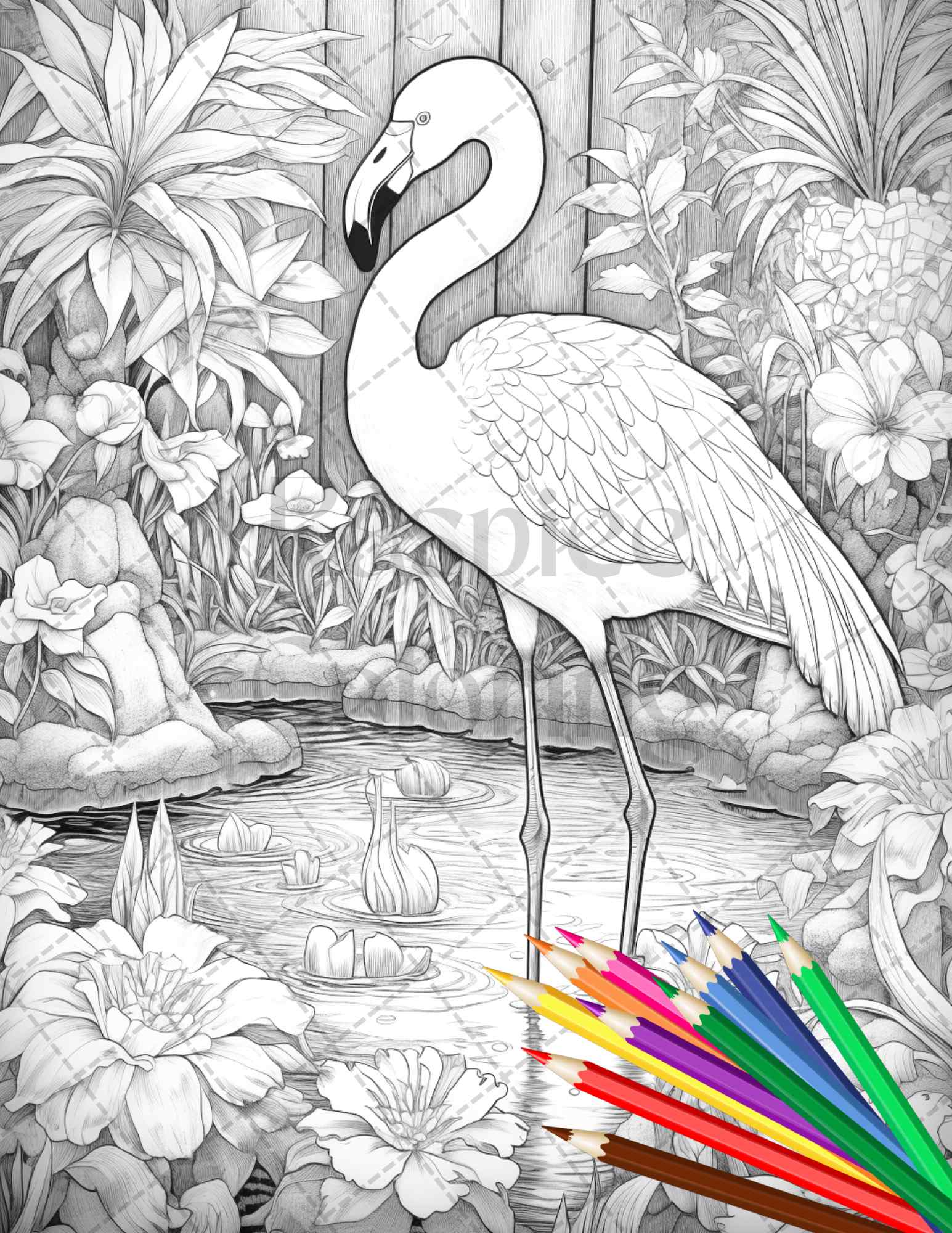 Flamingo oasis grayscale coloring pages printable for adults pdf file â coloring