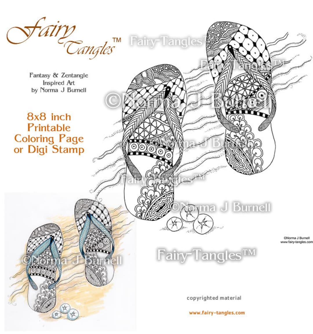 Flip flops summer printable coloring page digi stamp by norma j burnell adult coloring digital coloring card making crafting digi stamps