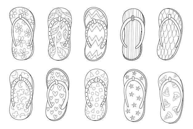 Premium vector doodle flip flops set in black and white for coloring page summer slippers outline collection