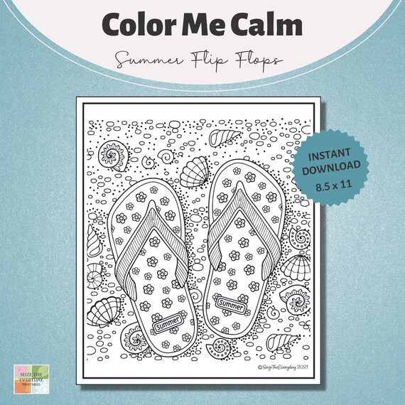 Coloring page color me calm series adult and teen coloring pages summer printable summer flip flops printable instant download