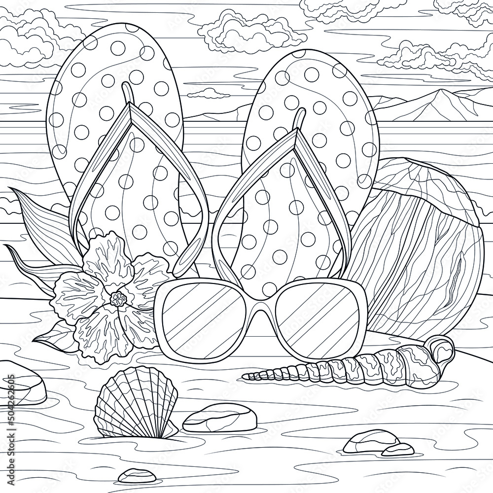 Flip flops sunglasses and seashells on the beachcoloring book antistress for children and adults illustration isolated on white backgroundzen