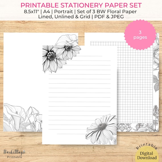 Black white floral coloring printable stationery set lined