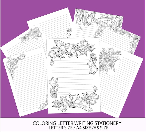 Coloring letter writing stationery printable floral lined stationery adult coloring pages pdf digital download