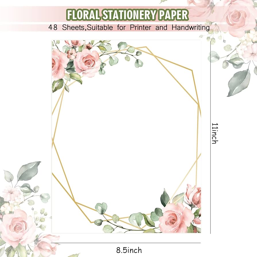 Anydesign sheet floral stationery letterhead paper pink flower letter writing paper wedding floral border paper notes greeting paper for wedding party invitations school printing x inch office products