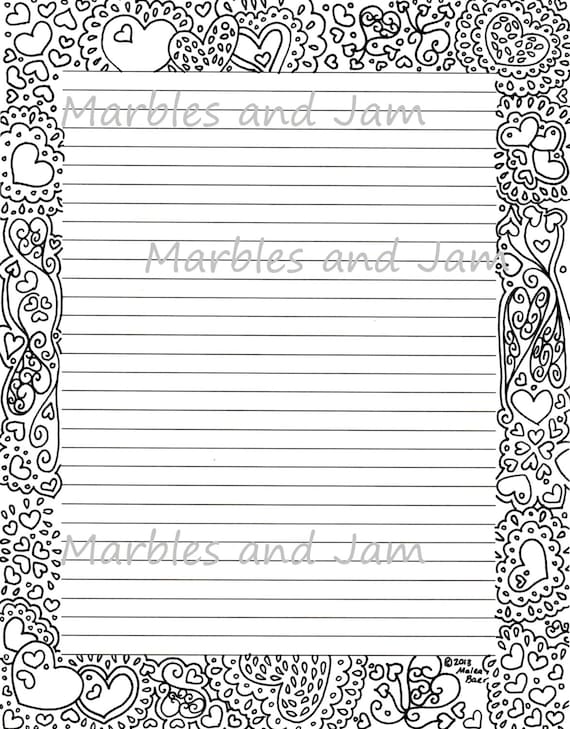 Hearts border lined printable stationery and coloring page