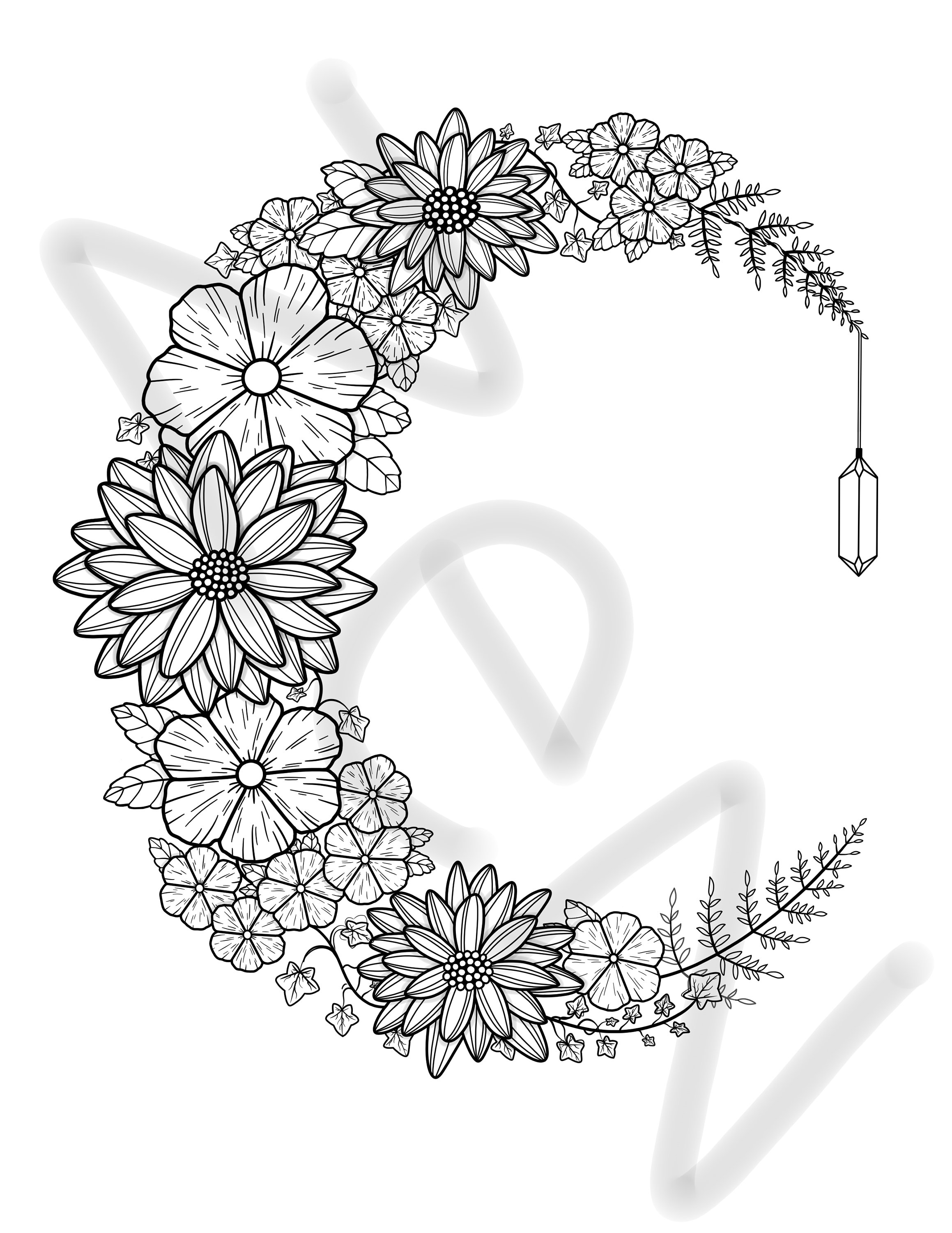 Floral moon printable coloring page printable adult coloring pages floral coloring sheets flower coloring page for adults stress relief