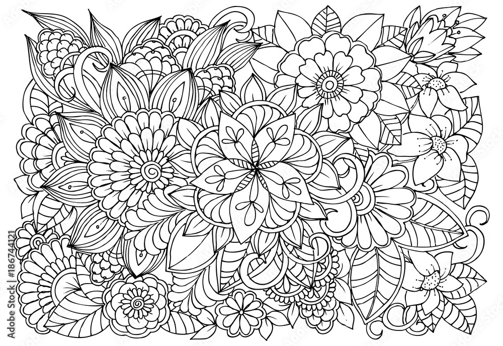 Black and white flower pattern for adult coloring book doodle floral drawing art therapy coloring page printable card vector
