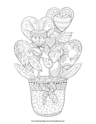 Hearts in a flower pot coloring page â free printable pdf from