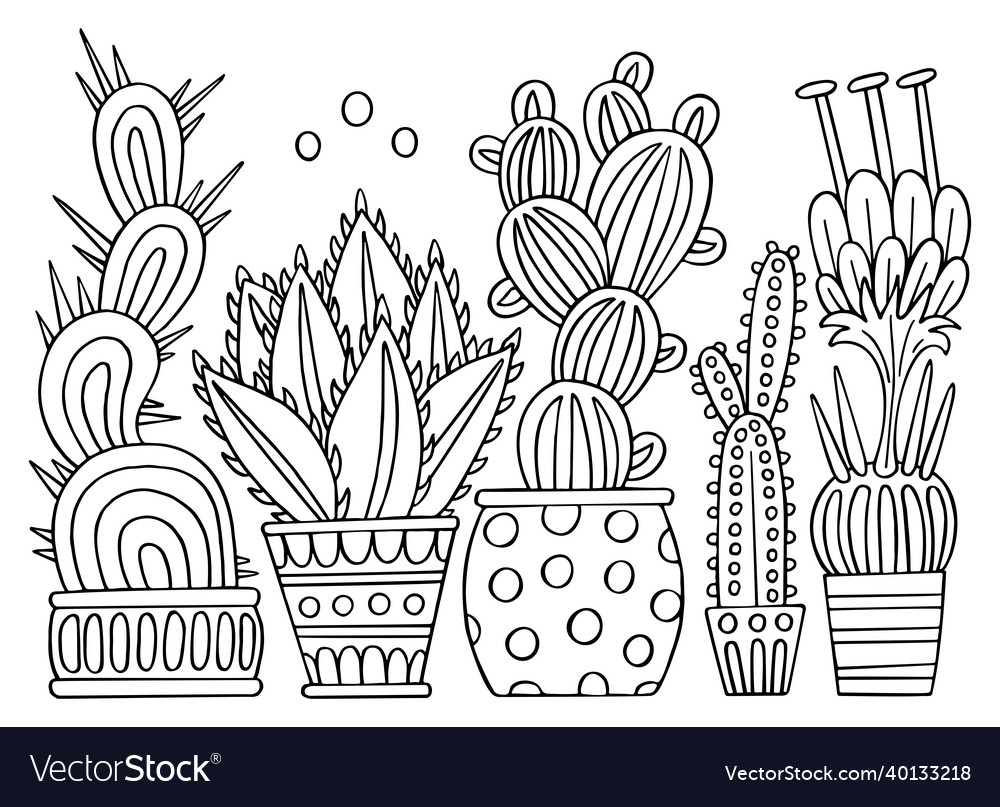 Coloring page indoor cacti flowers in pots vector image