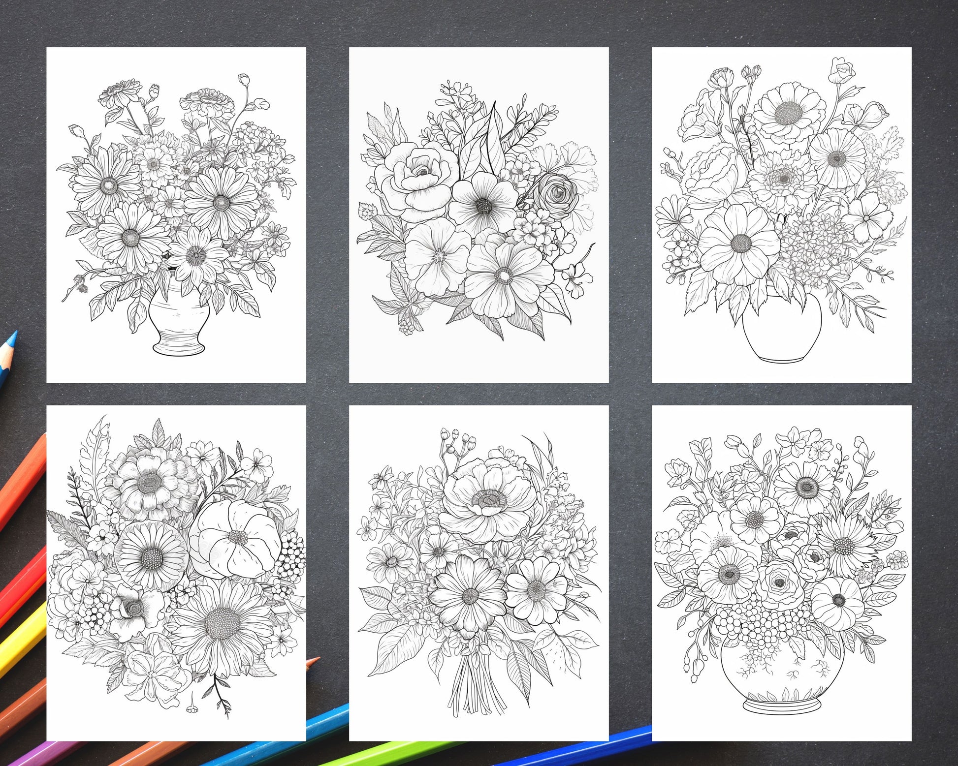 Printable flower vase coloring pages for adults floral grayscale â coloring