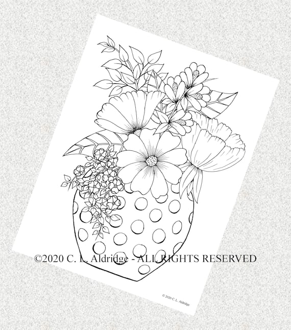 New polka dot flower vase art coloring page hand drawn original unique floral art adult coloring printable instant download pdf