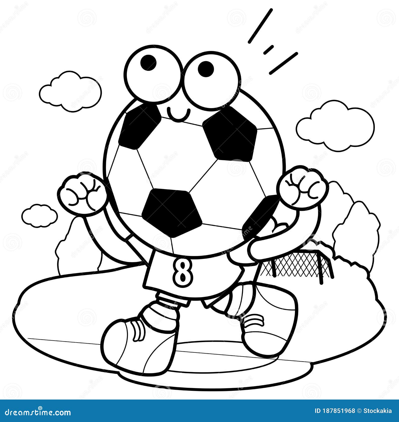 Cheering cartoon soccer ball vector black and white coloring page stock vector