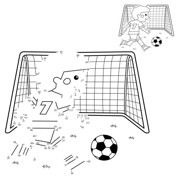 Numbers game for kids coloring page outline of a cartoon boy with a soccer ball and football goal coloring book for children stock illustration