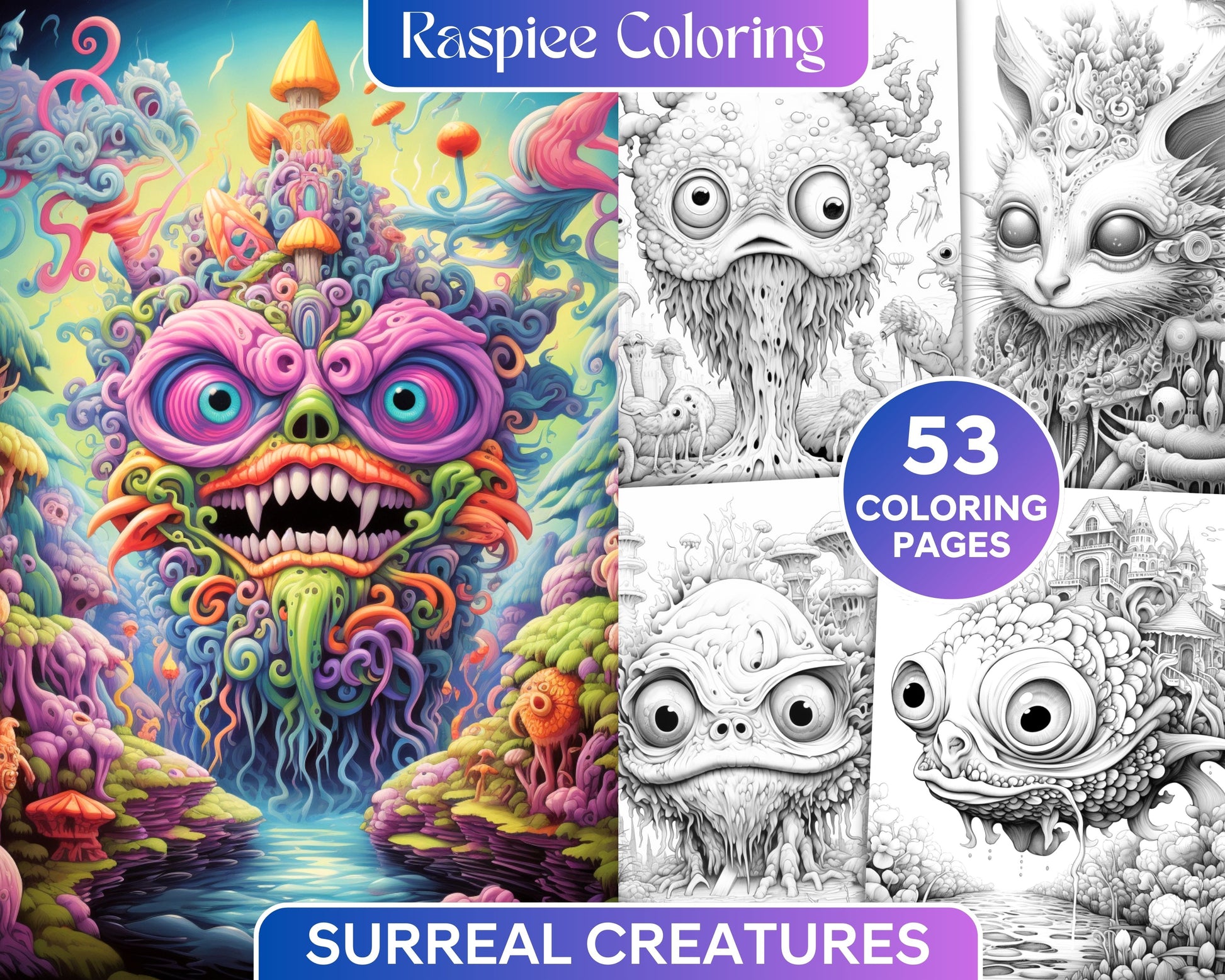 Surreal creatures grayscale coloring pages for adults printable pd â coloring