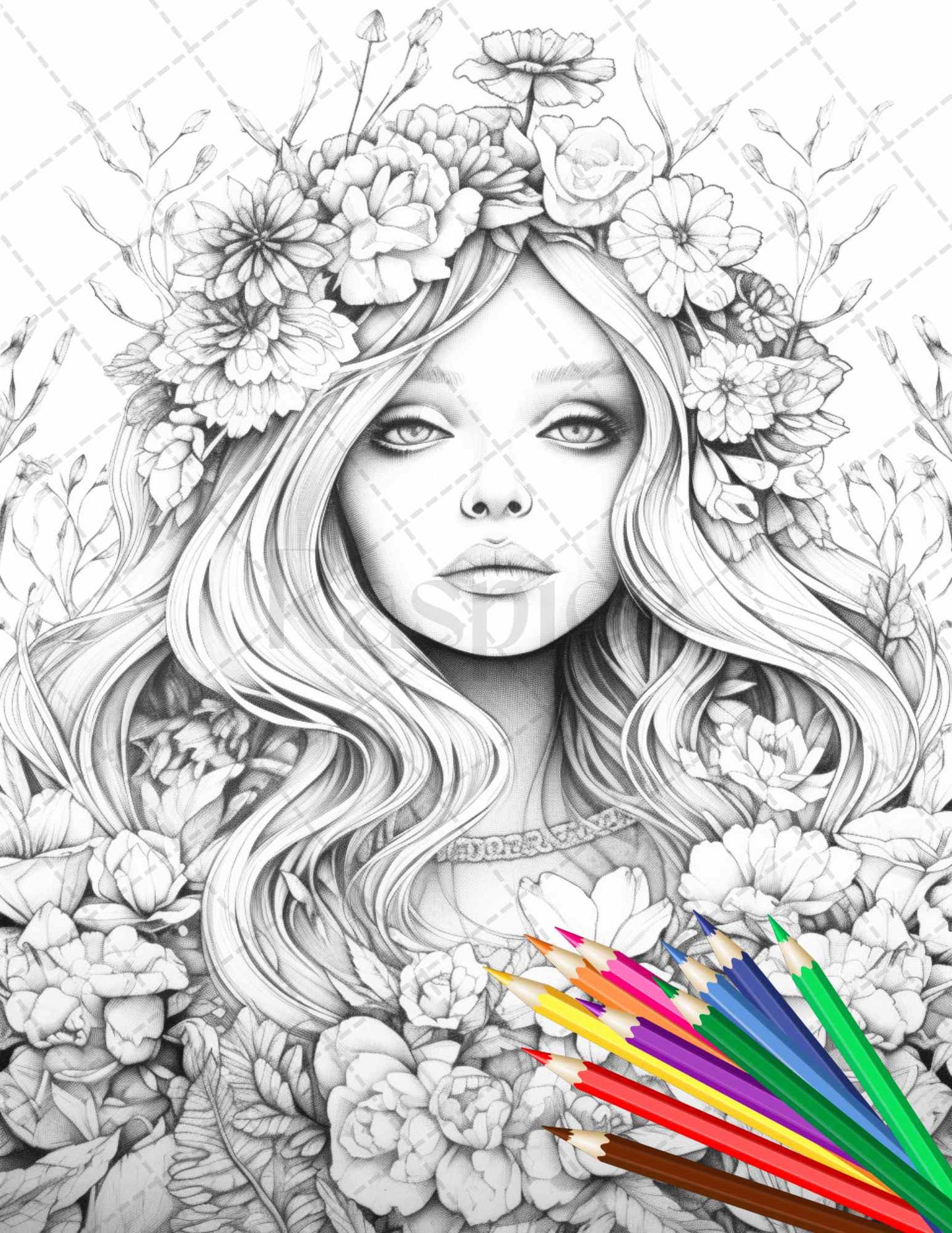 Flower goddess coloring pages printable for adults grayscale color â coloring