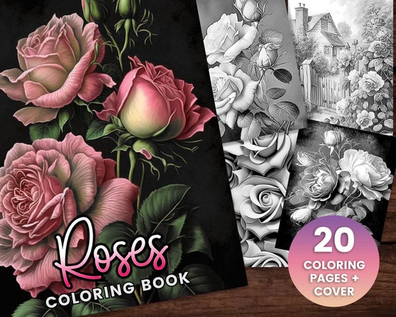 Rose collection coloring page adults kids instant download grayscale coloring page gift printable pdf flower art advanced