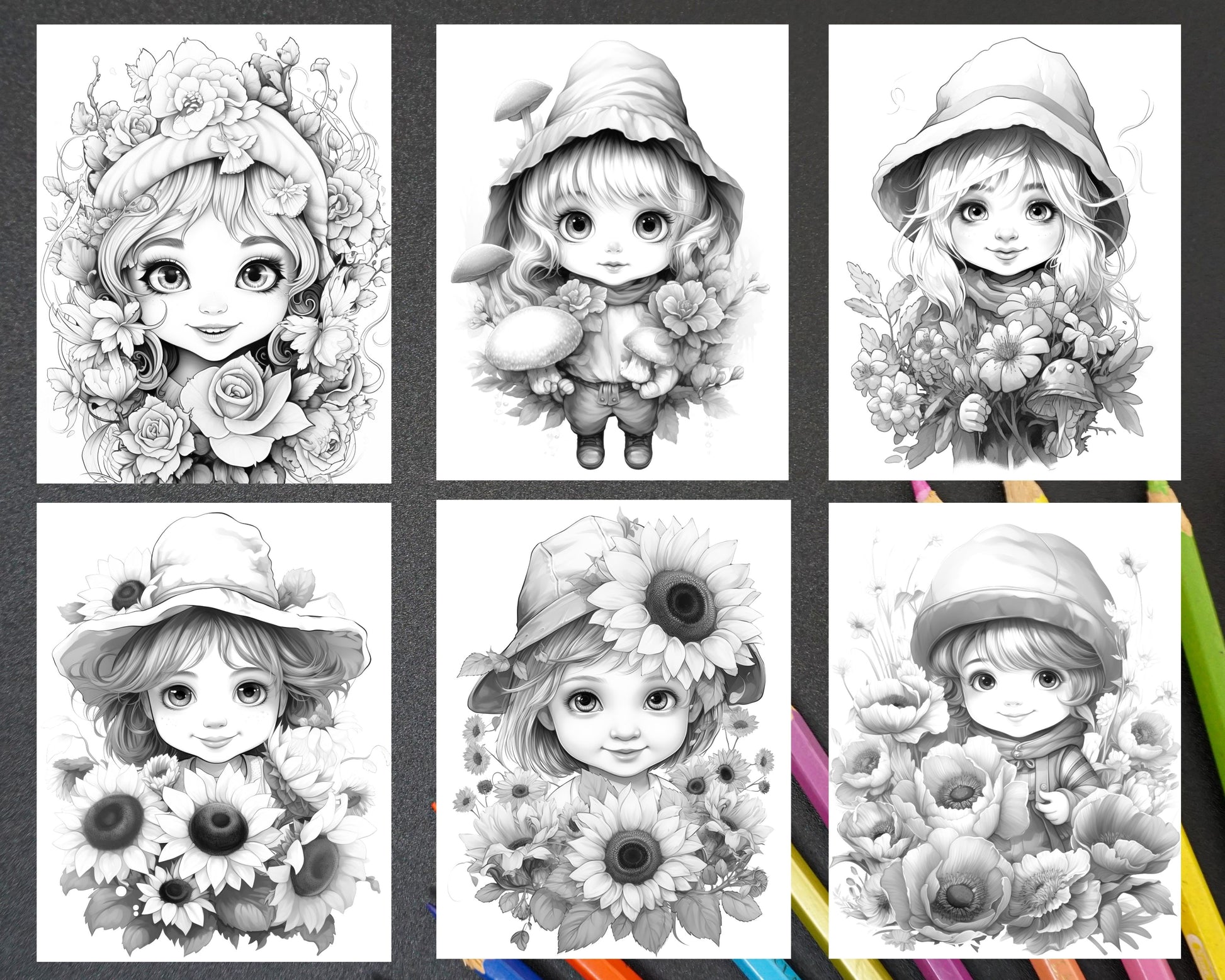 Flower gnomes grayscale coloring pages printable for adults kids p â coloring