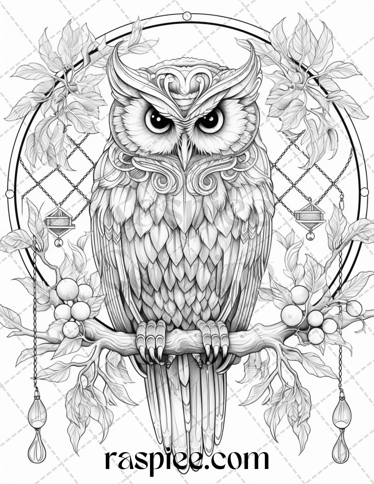 Floral owl grayscale printable coloring pages for adults pdf file â coloring