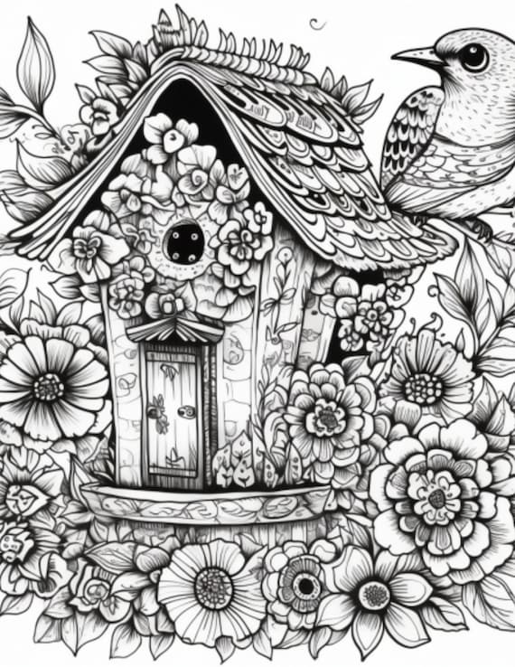 Bird house coloring page instant download grayscale coloring page printable pdf coloring page for adult printable