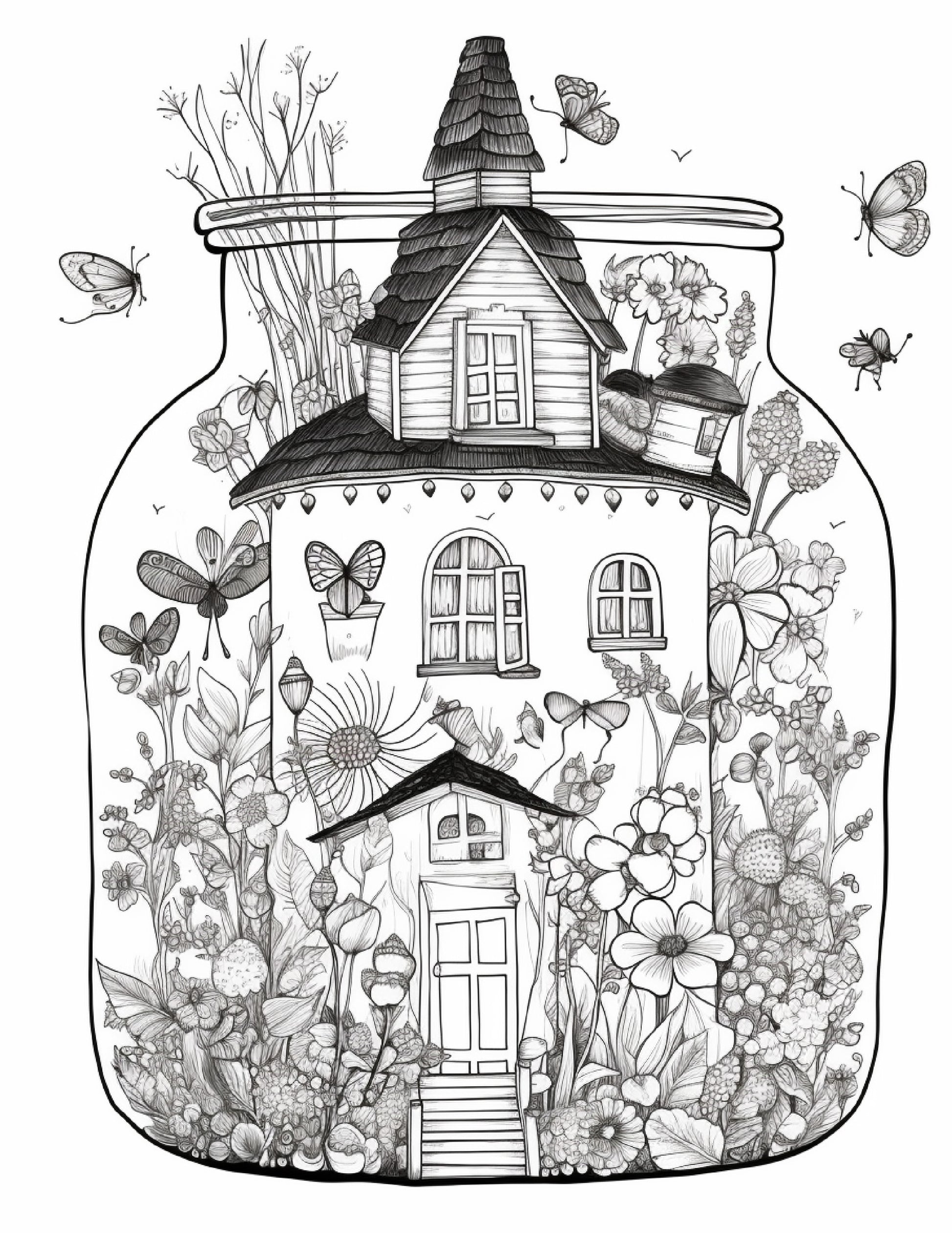 Printable fairy houses in jar coloring pages for adults grayscale â coloring