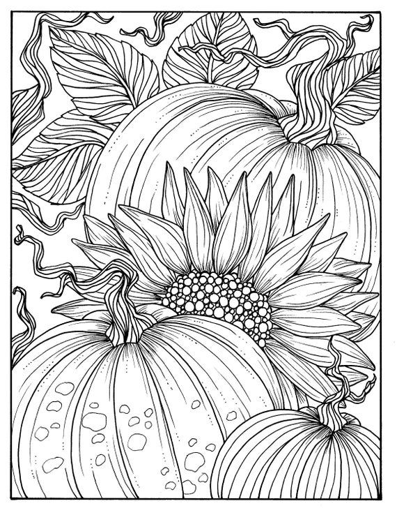 Pages fabulous fall digital downloads to color punpkins crows sunflowers gourds squirrel thanks autumn