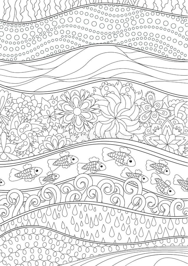 Adult antistress coloring page with abstract sea background stock illustration