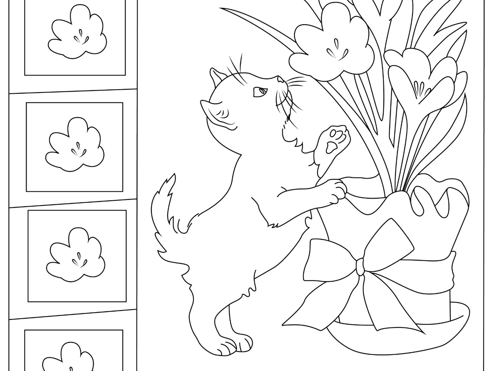 Cat and flower coloring pages
