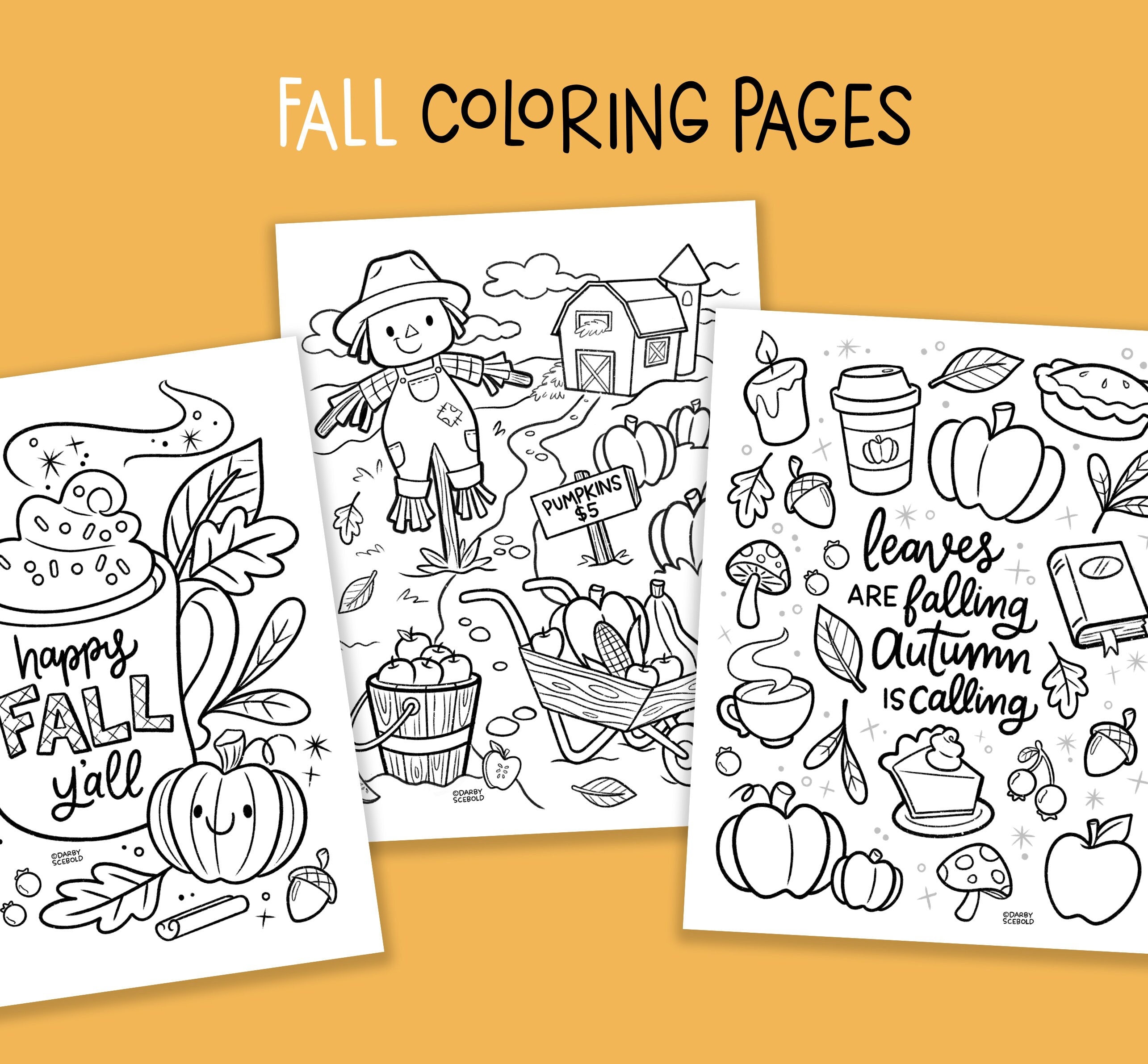 Fall printable coloring pages autumn coloring book for kids fall leaf pumpkin pumpkin patch scarecrow psl lattes pie pdf