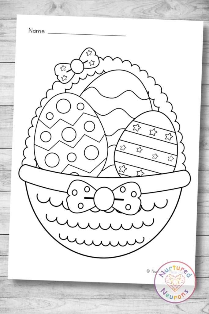 Easter eggs coloring page in a cute little basket