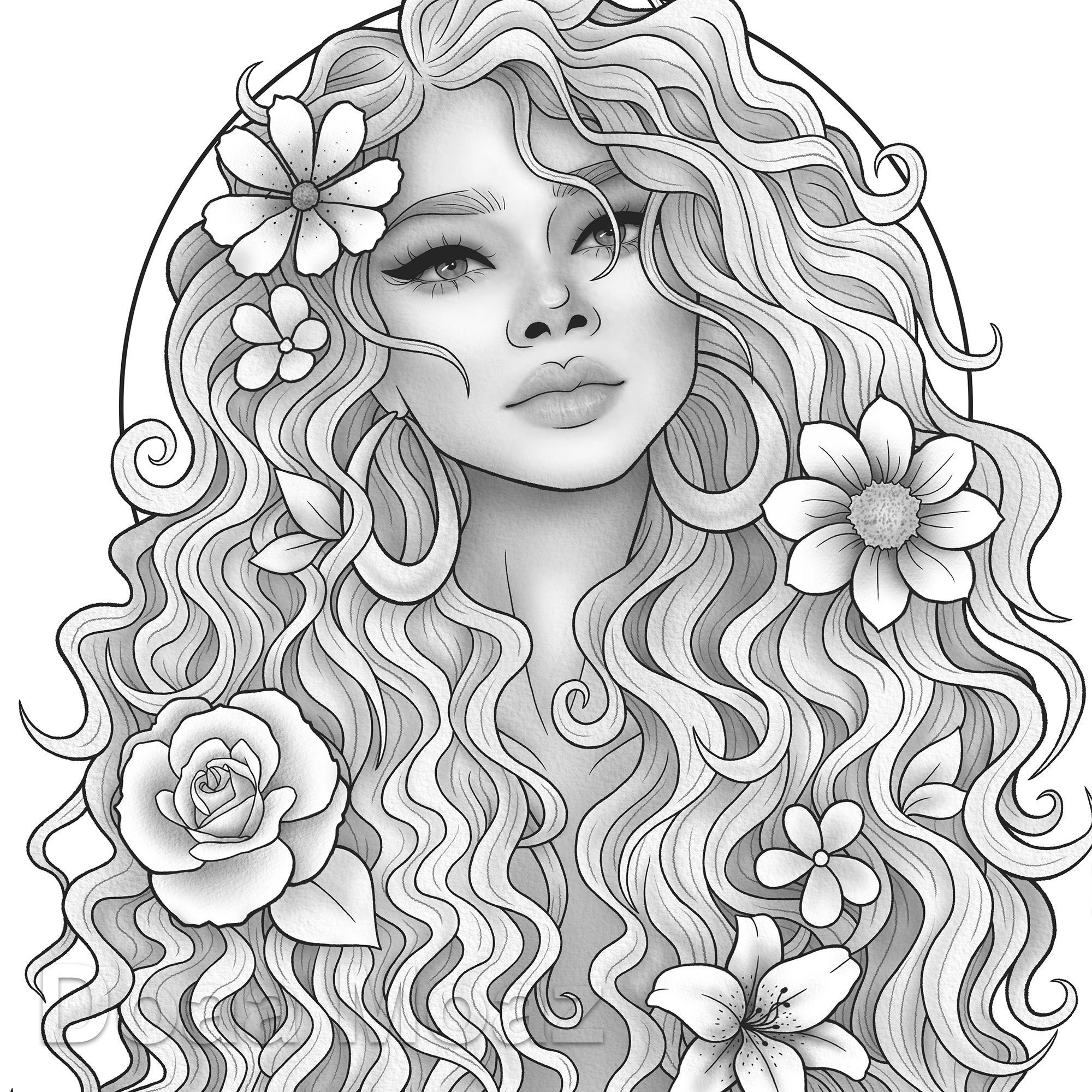 Printable coloring page fantasy character black girl portrait