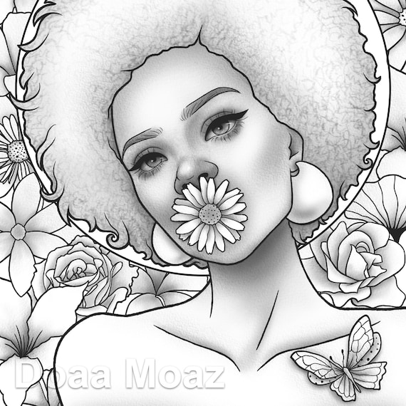 Printable coloring page black girl floral portrait