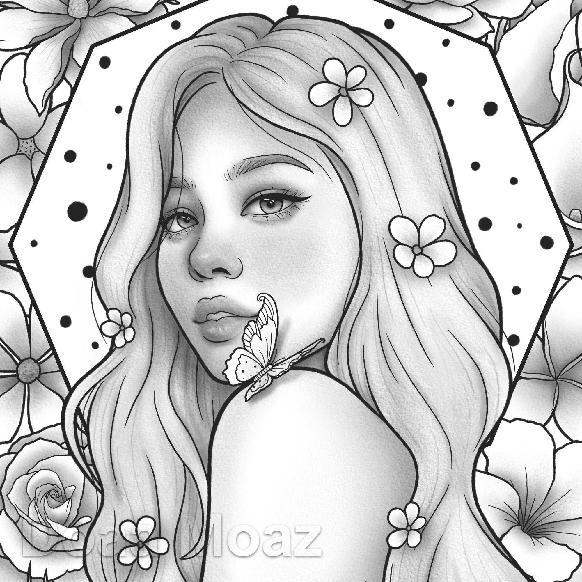 Printable coloring page korean girl floral fantasy portrait