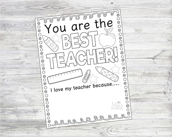 Printable teacher appreciation coloring page instant digital download files best teacher note