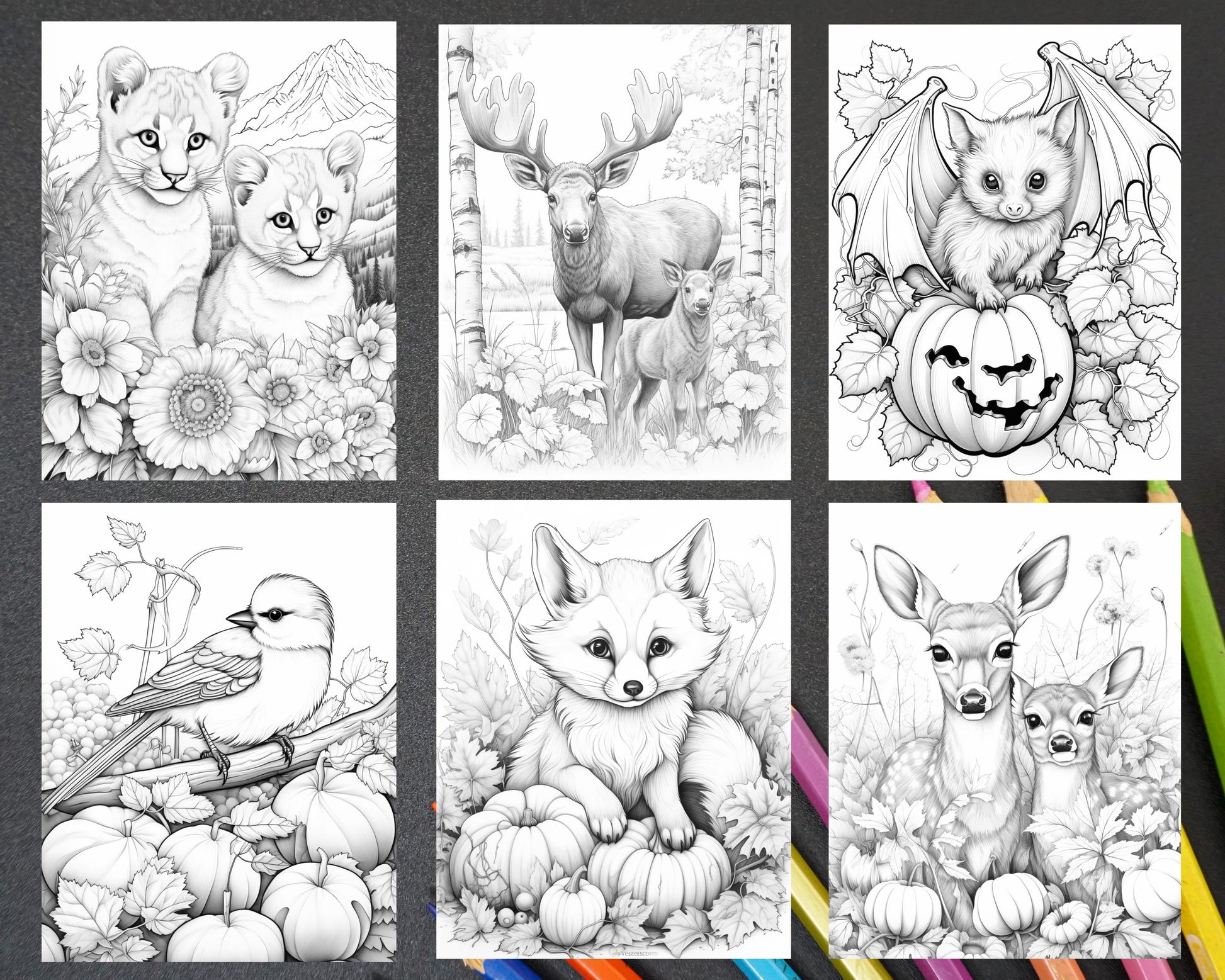 Autumn animals grayscale coloring pages for adults and kids printable â coloring