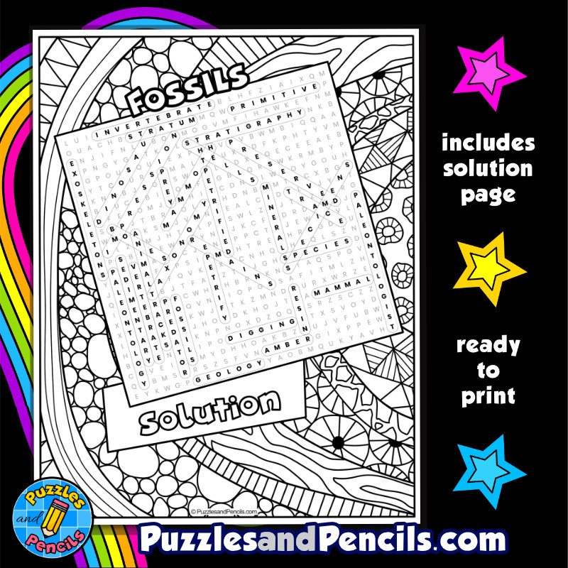 Fossils word search puzzle with coloring wordsearch made by teachers