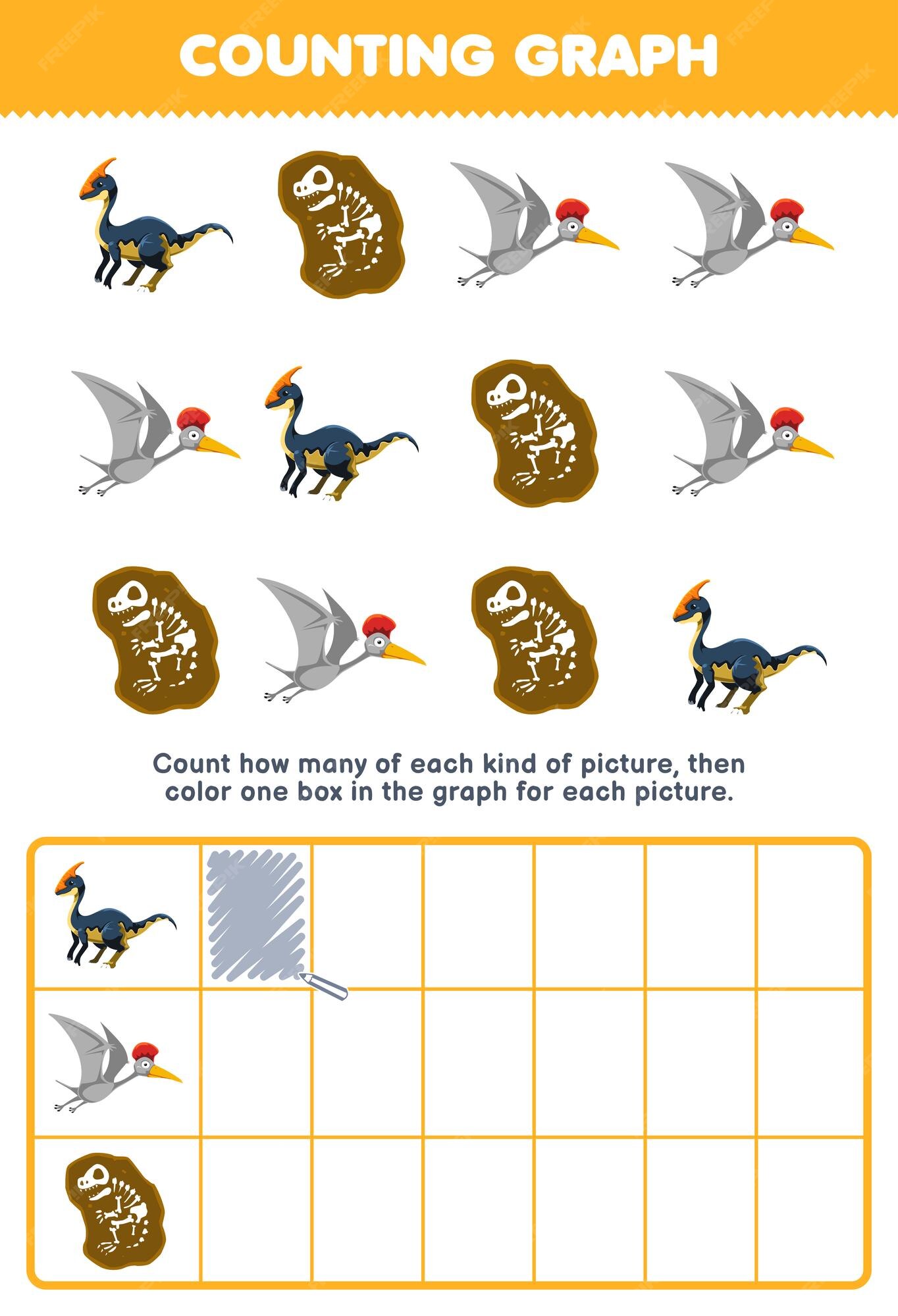 Premium vector education game for children count how many cute cartoon dinosaur and fossil then color the box in the graph printable prehistoric dinosaur worksheet